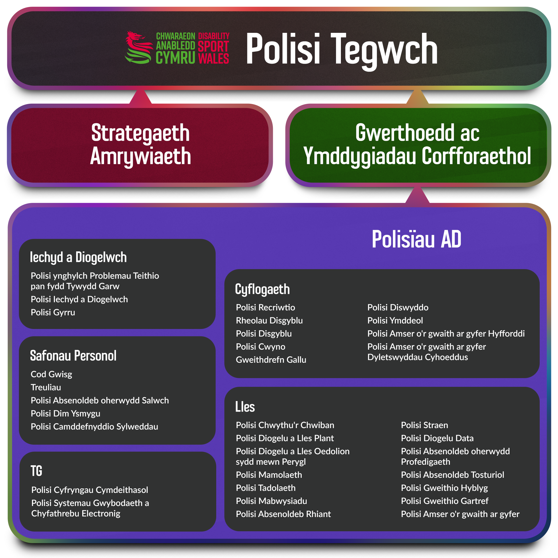 Diagram. Disability Sport Wales has an overarching Equity Policy, which is fed into by its Diversity Strategy and its Corporate Values and Behaviours. DSW's HR Policies are intended to feed into organisation Values and Behaviours.