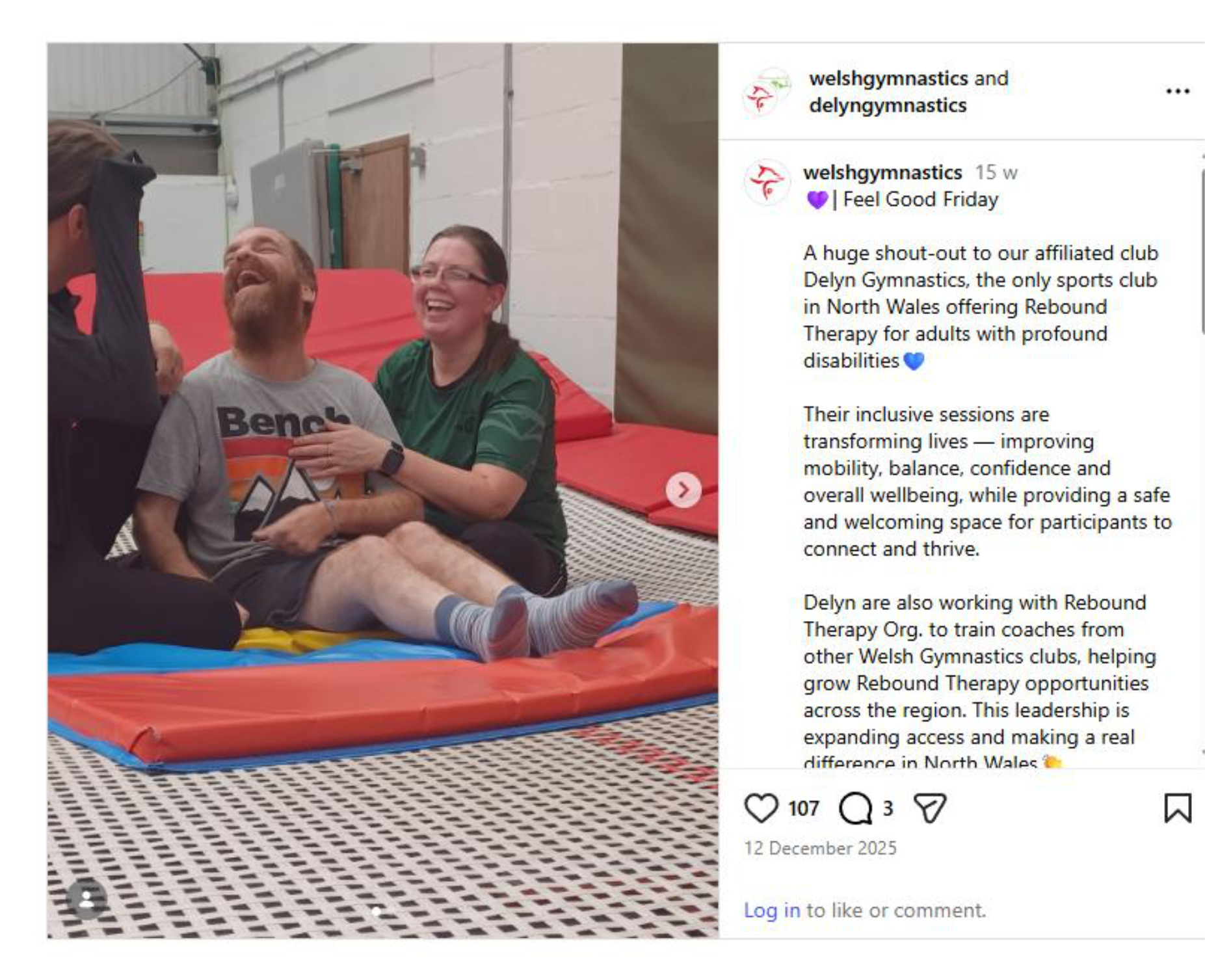 From Welsh Gymnastics' Facebook. An athlete using rebound therapy service is sitting on a trampoline with care and club staff, and of whom are smiling broadly.