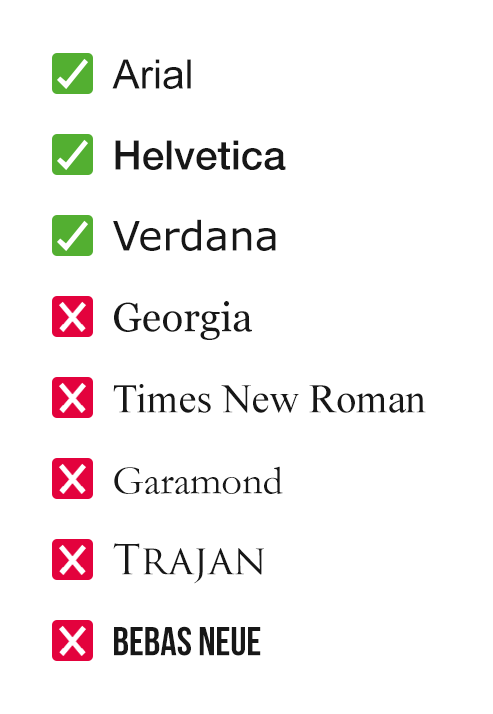 Example typefaces with ticks and crosses to help guide typesetters toward fonts that are more accessible.