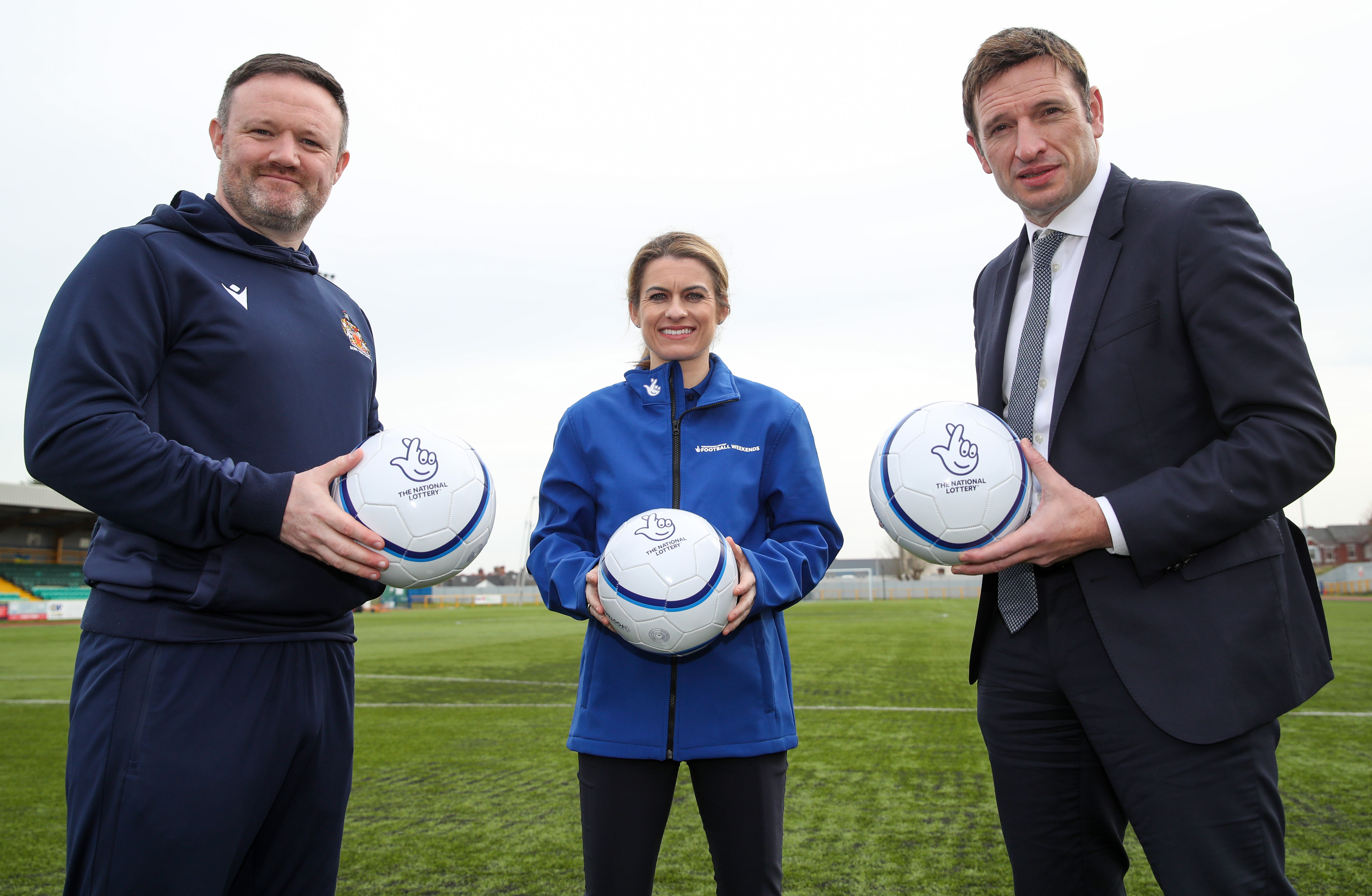 Left to right: Barry Town United Manager Gavin Chesterfield, Karen Carney MBE, FAW Chief Executive Noel Mooney