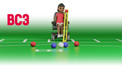Illustration of a BC3 class boccia player. They are a powercahir user, and use a pointer to propel the ball down a ramp.