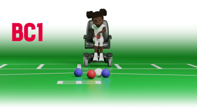 Illustration of BC1 class boccia player. They are a powerchair user.