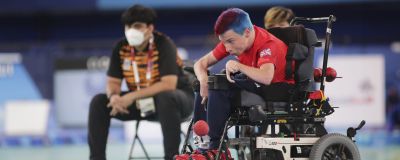 Paralympic Champion David Smith launches the ball at Tokyo 2020.