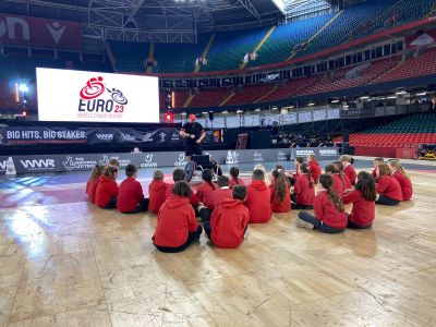 Darren Carew talking to a group of young people at the Wheelchair Rugby Euro 23 event at Cardiff's Principality Stadium