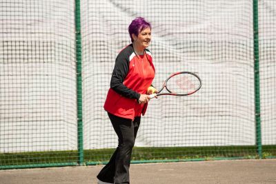 Dawn Bowden taking part in a tennis drill