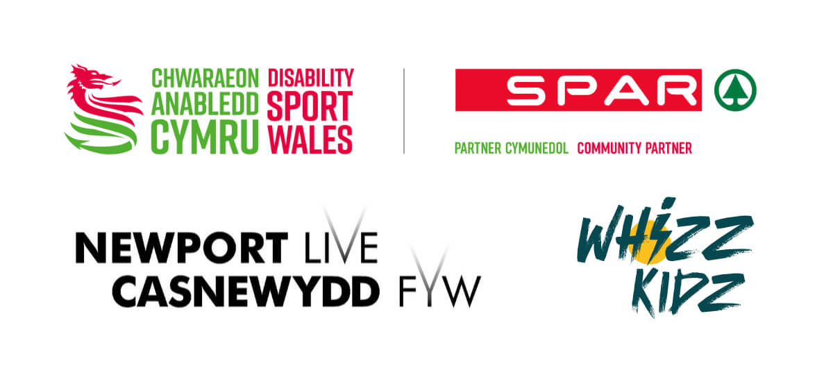 Logos for partners of this event. DSW, SPAR, Newport Live, Whizz Kidz