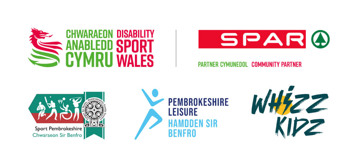 Logos for partners of this event. DSW, SPAR, Pembrokeshire Leisure, Sport Pembrokeshire, Whizz Kidz